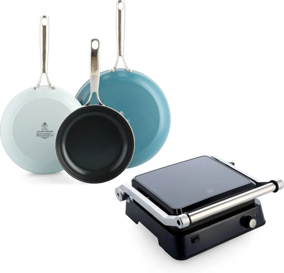 BK Sky Blue Keramische Inductie Koekenpannenset 3-delig & Contactgrill
