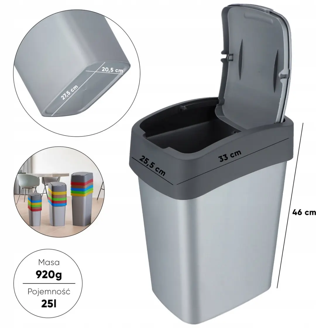 Curver Flip Bin Afvalbak 25L - Zilver/Antraciet