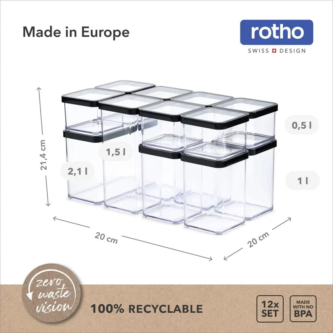 Rotho LOFT 1079808080WS Bewaarbussen - 12-delig - 1L - Zwart