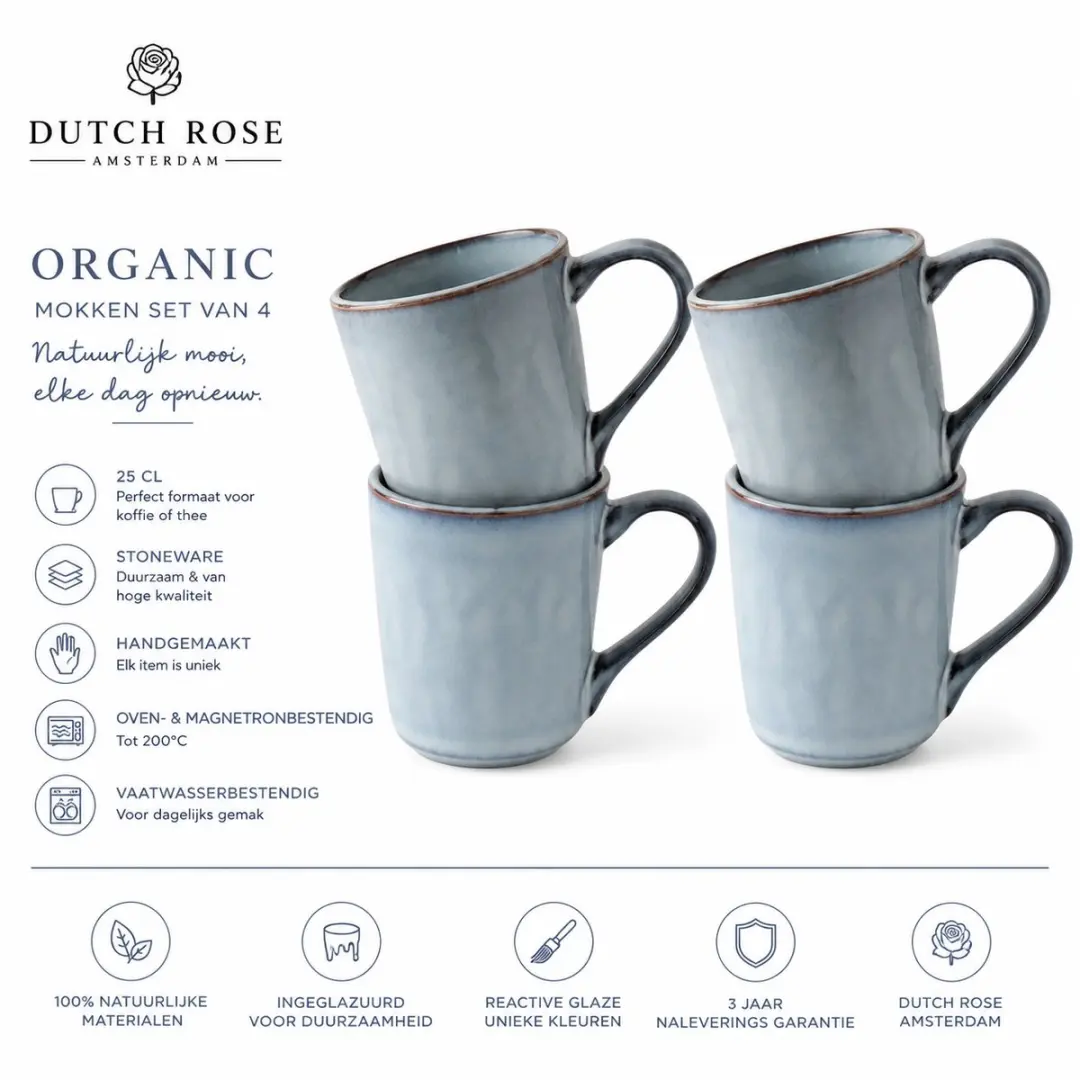 Dutch Rose Organic Mokken 250ml - Blauw - 4 Stuks