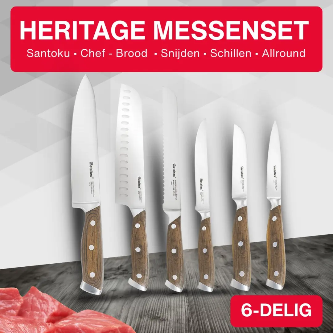Metaltex Heritage Messenset 6-delig - Chefmes Santoku Broodmes RVS Hout