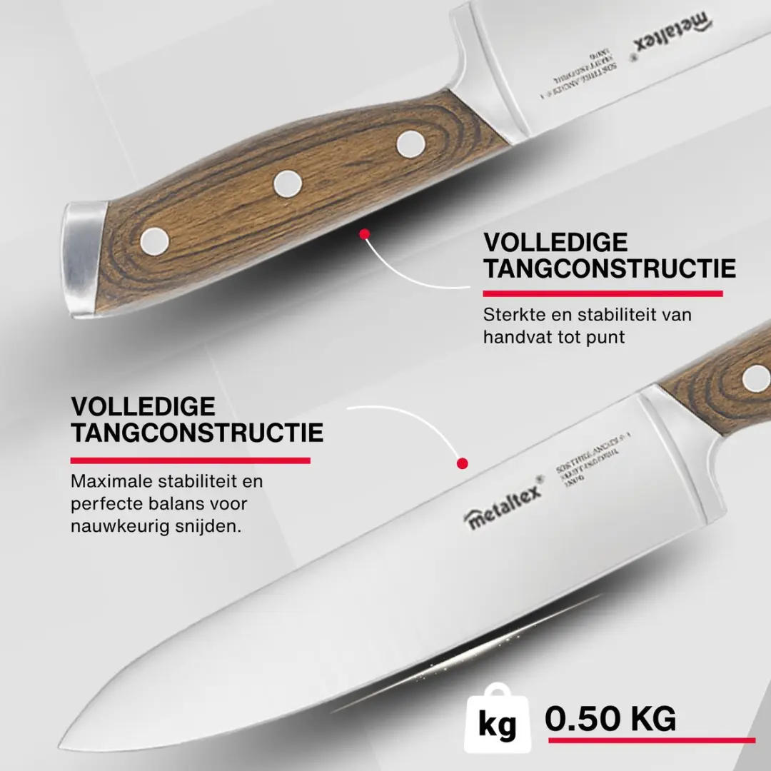 Metaltex Heritage Messenset 6-delig - Chefmes Santoku Broodmes RVS Hout