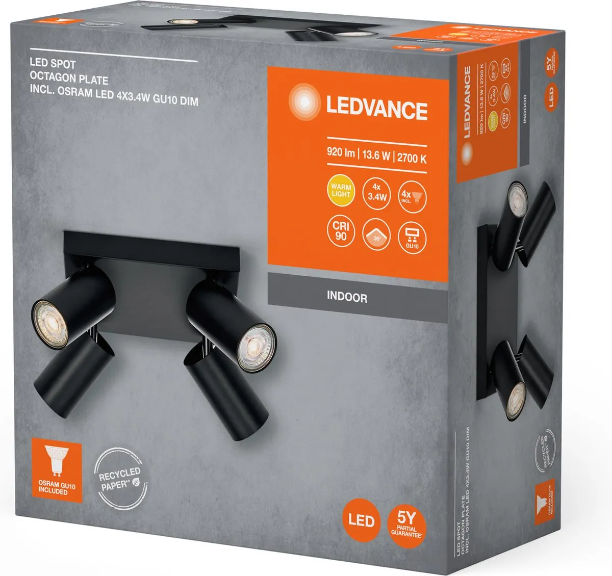 LEDVANCE LED Spot Octagon GU10 4x3,4W - 920lm - Zwart
