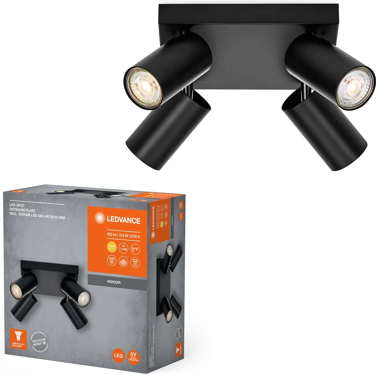 LEDVANCE LED Spot Octagon GU10 4x3,4W - 920lm - Zwart