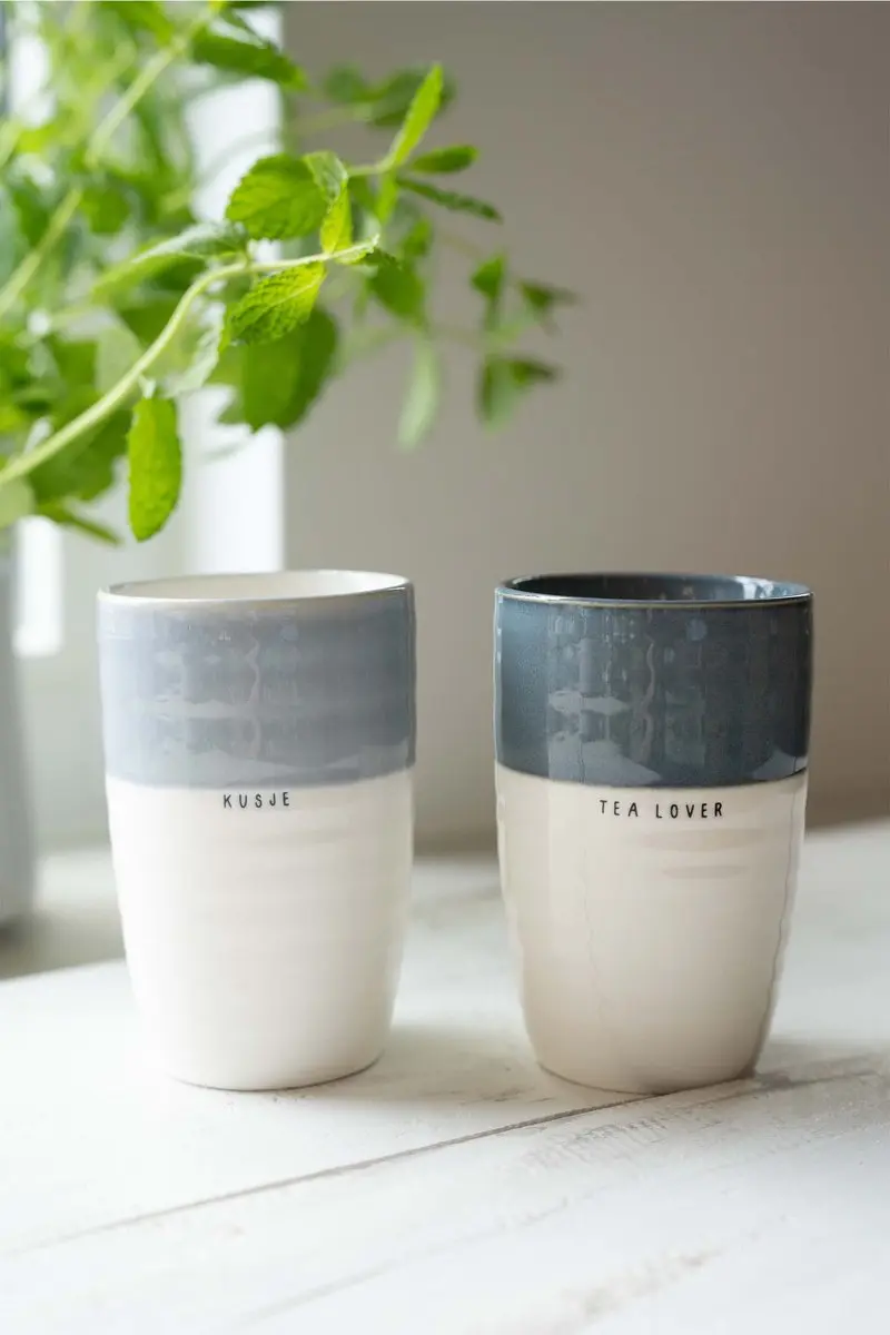 Zusss Mok L Tea Lover Keramiek - 470ml - Wit/Blauw