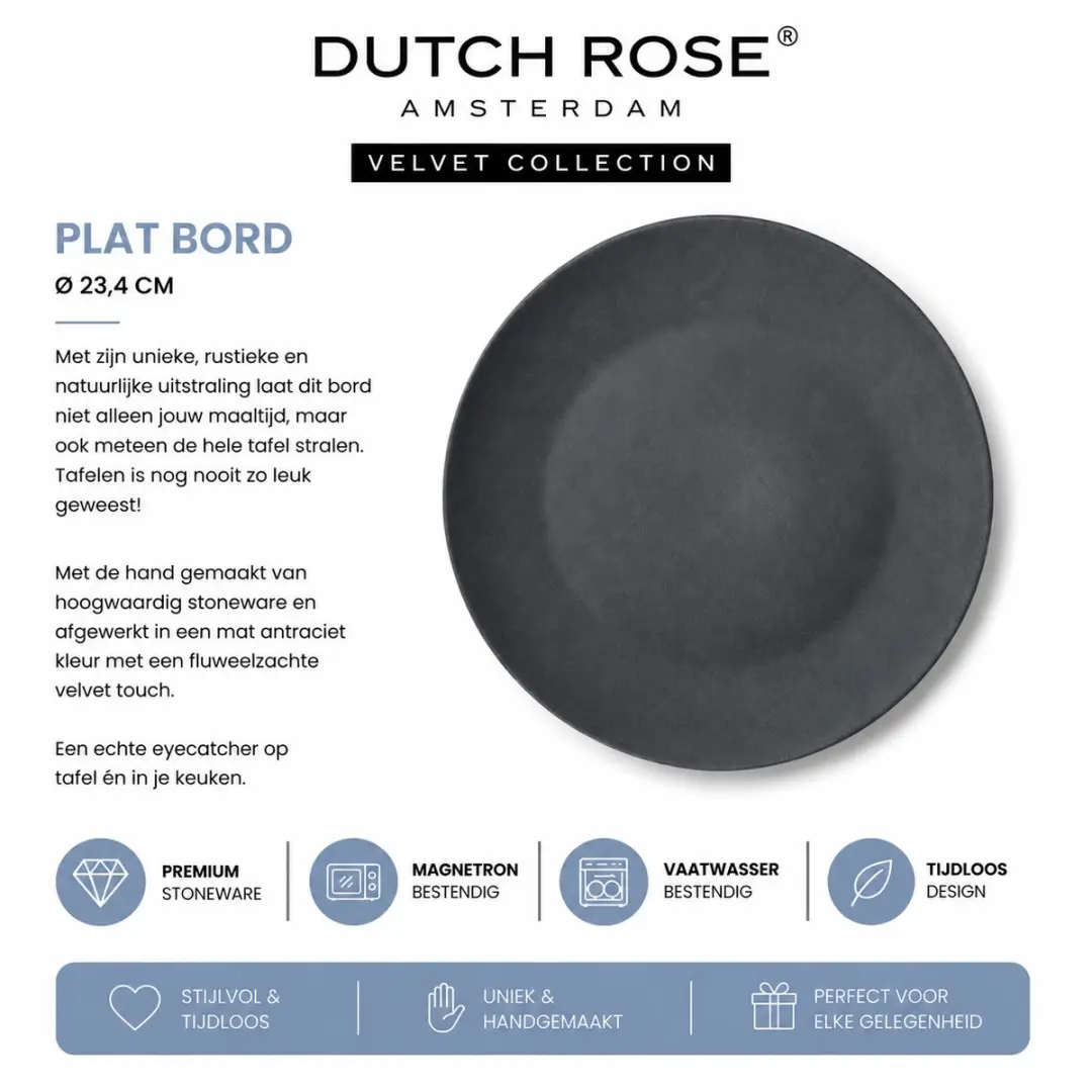 Dutch Rose Velvet Bordset 23cm - Antraciet