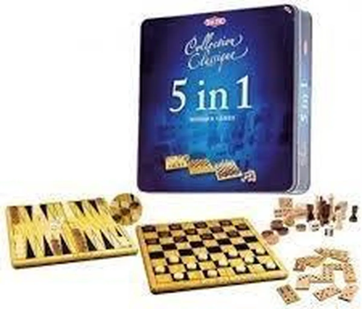 Tactic 5-in-1 Houten Bordspel - Schaken/Dammen/Tic Tac Toe/Backgammon/Domino