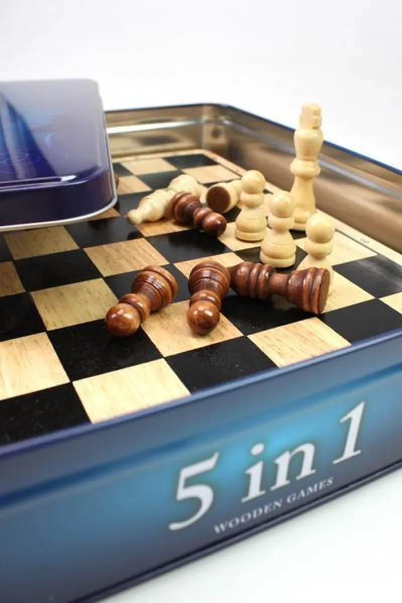 Tactic 5-in-1 Houten Bordspel - Schaken/Dammen/Tic Tac Toe/Backgammon/Domino