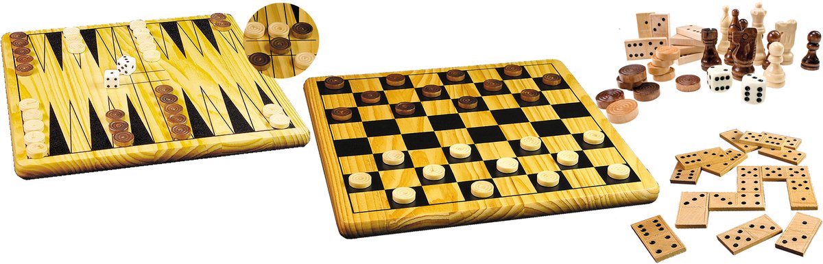Tactic 5 in 1 Hout - Schaken - Dammen - Tic Tac Toe - Backgammon en Domino