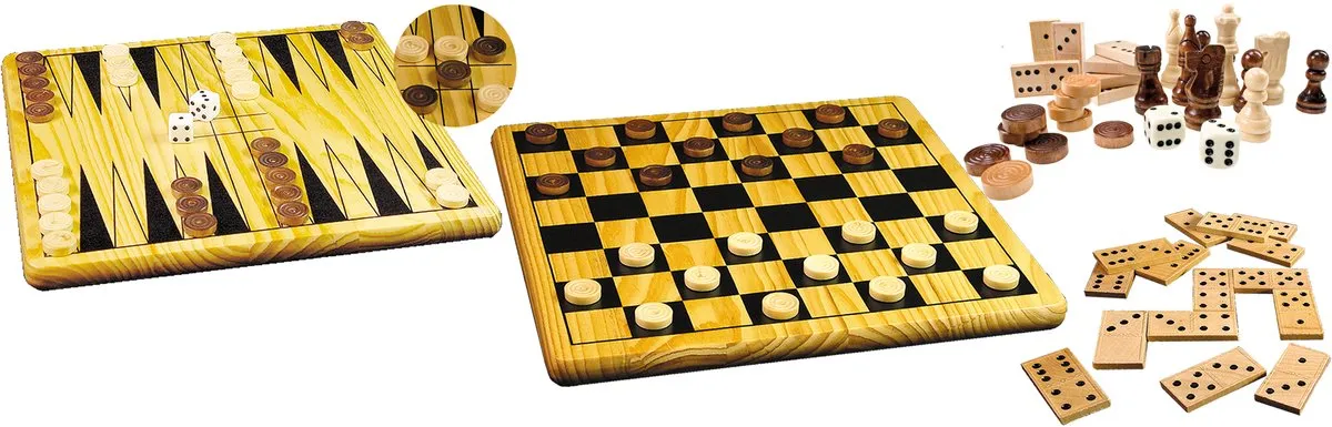 Tactic 5-in-1 Houten Bordspel - Schaken/Dammen/Tic Tac Toe/Backgammon/Domino