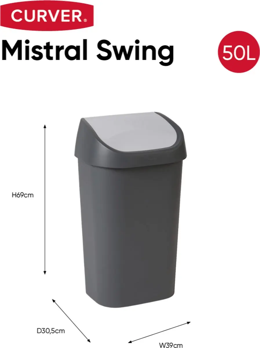 Curver Mistral Swing Prullenbak 50L - Antraciet