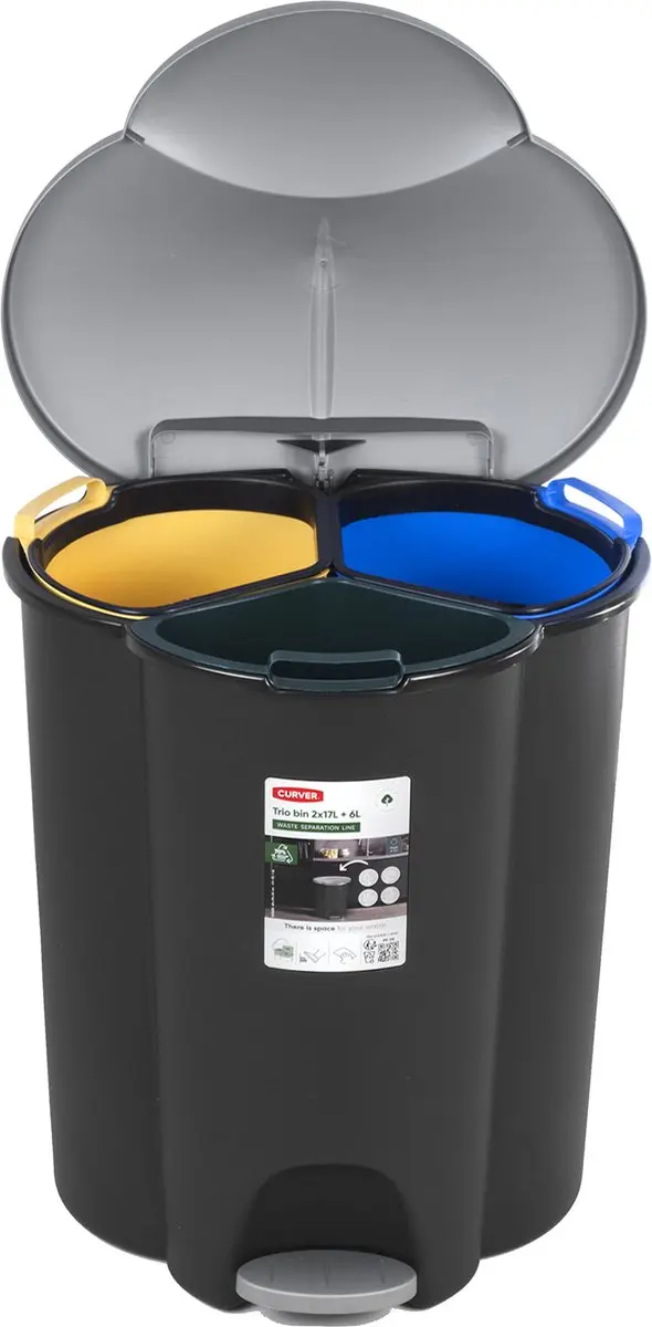 Curver Pedaalemmer 40L 3-compartimenten - Zwart/grijs