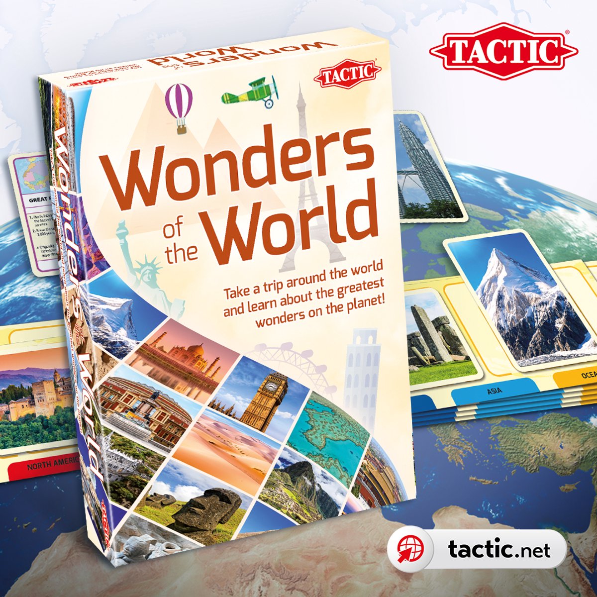 Tactic Wonderen van de Wereld – Educatief spel – Leer de wereldwonderen – 195 Kaarten – 6 Speelborden met werelddelen