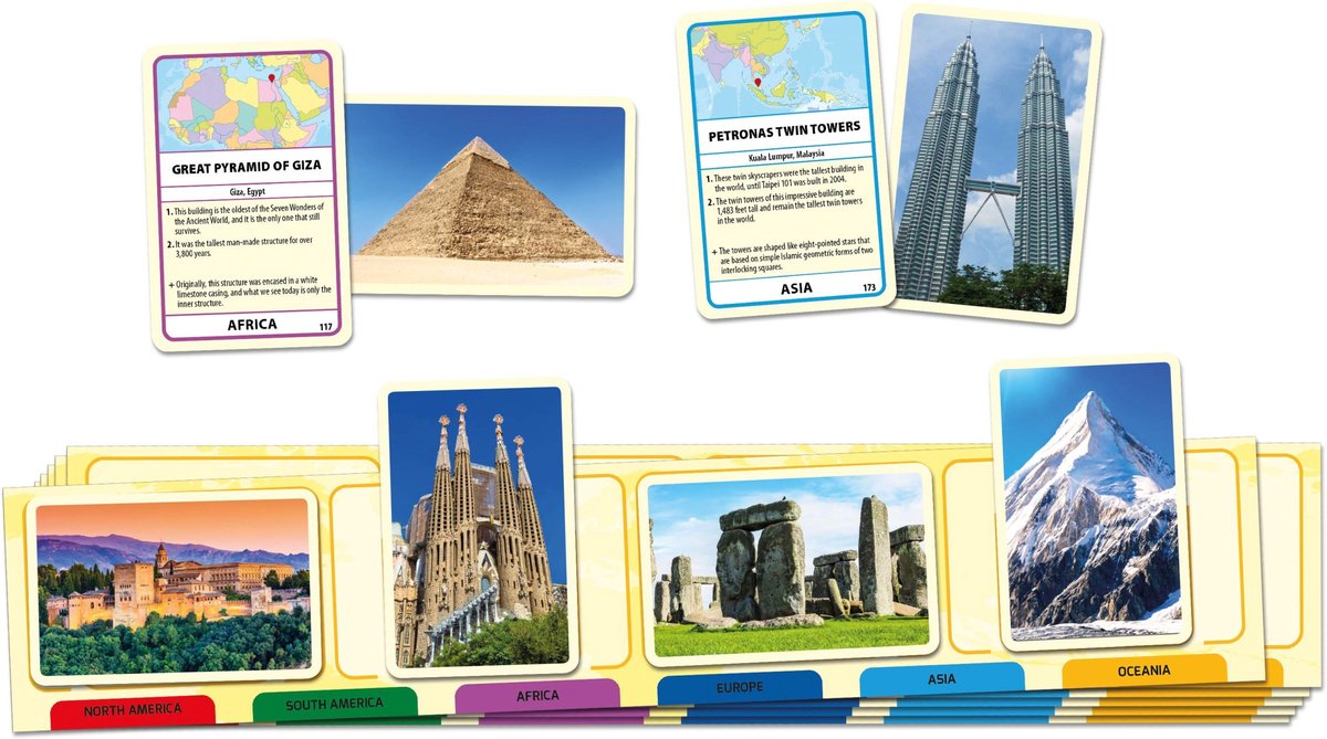 Tactic Wonderen van de Wereld – Educatief spel – Leer de wereldwonderen – 195 Kaarten – 6 Speelborden met werelddelen