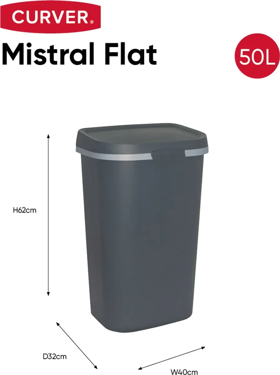 Curver Mistral Flat Prullenbak 50L - 39x30x69cm Antraciet