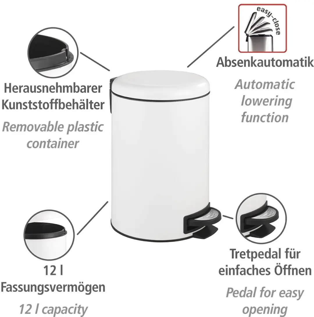 Wenko Pedaalemmer Leman Easy-close 12L - 25cm - Wit