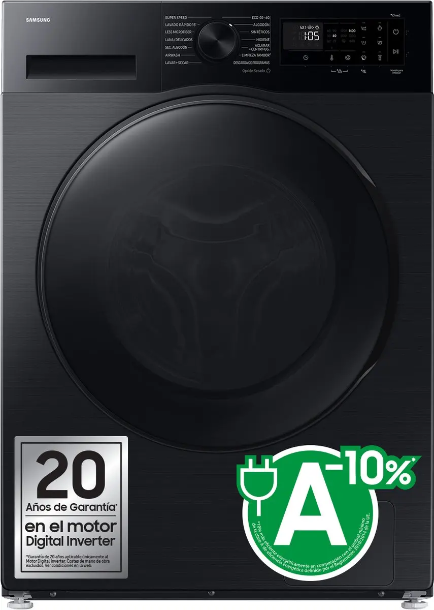Samsung WD90DG5G34BB, Voorlader, Vrijstaand, Zwart, Links, Zwart, LED