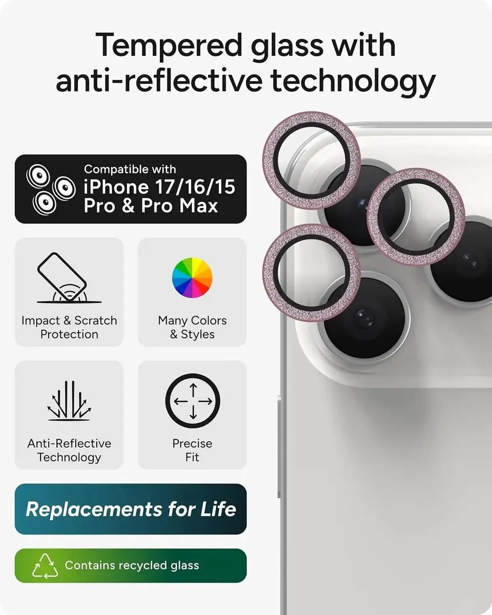 ZAGG Glass Elite Camera Rings iPhone 15/16 Pro - Roze Glitter