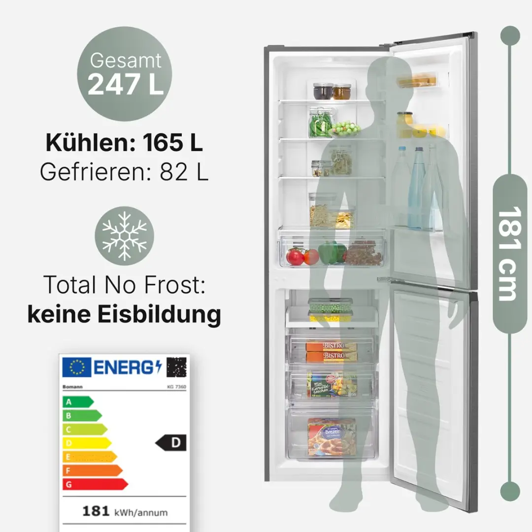 Bomann KG 7360 Koel-Vriescombinatie - 247L - No-Frost - Inox Look
