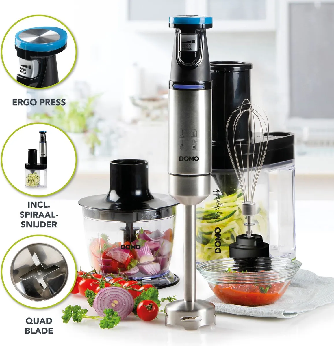 DOMO DO9254M Staafmixer set met spiraalsnijder - Mixer met hakmolen - Krachtige DC motor 800W