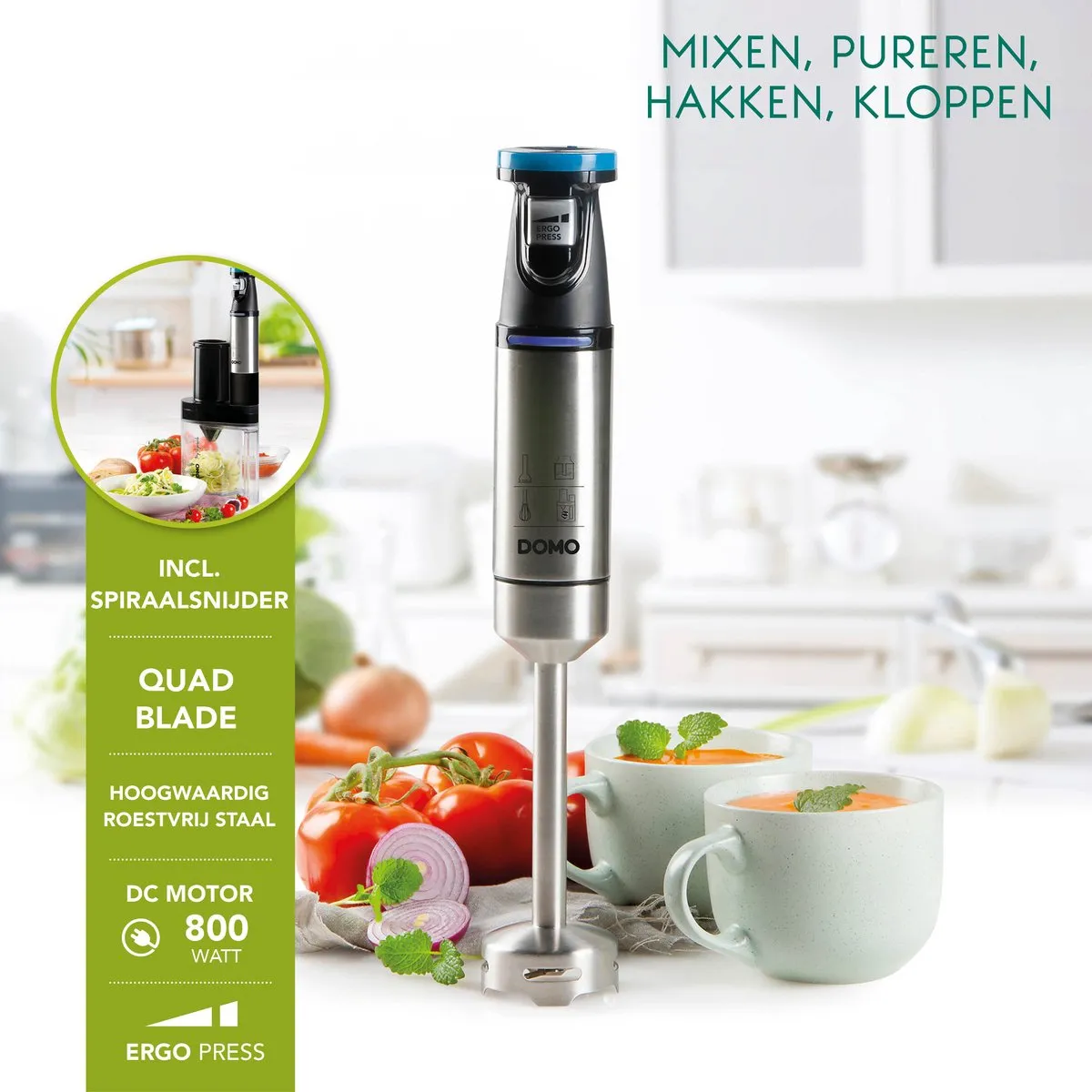 DOMO DO9254M Staafmixer set met spiraalsnijder - Mixer met hakmolen - Krachtige DC motor 800W