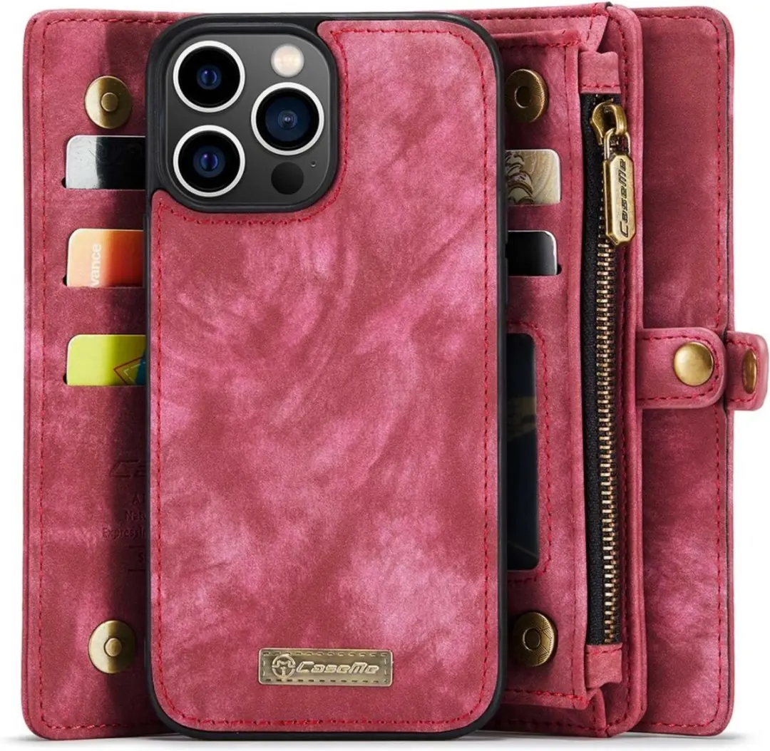 Caseme iPhone 14 Pro Vintage Portemonneehoes - Rood - 14 Pasjes