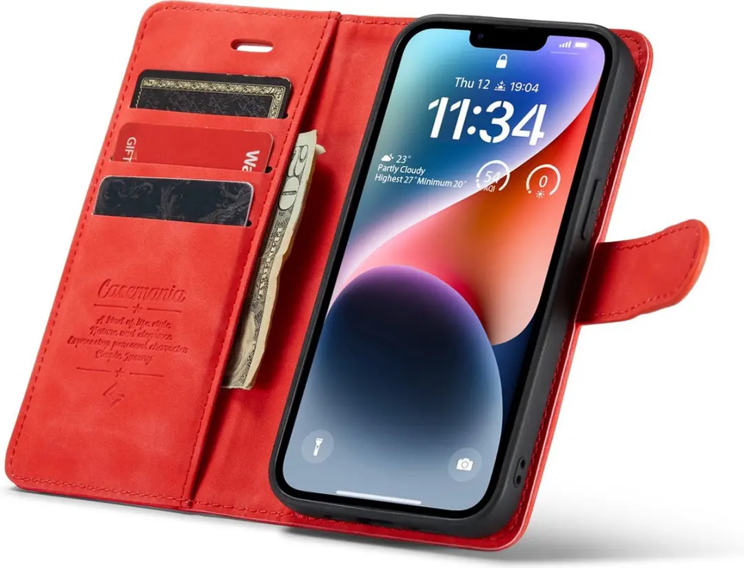 Caseme iPhone 14 Bookcase Hoesje - Effen Rood - 4 Pasjes