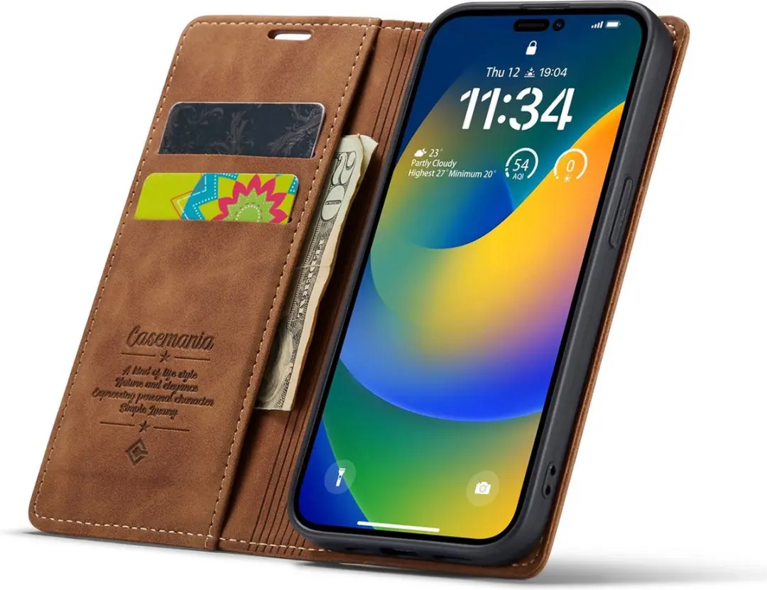 Caseme iPhone 14 Pro Max Bookcase Hoesje - 3 Pasjes - Bruin
