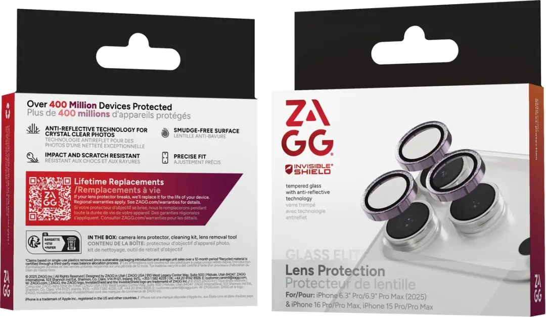ZAGG Glass Elite Camera Rings iPhone 15/16 Pro - Paars Glitter