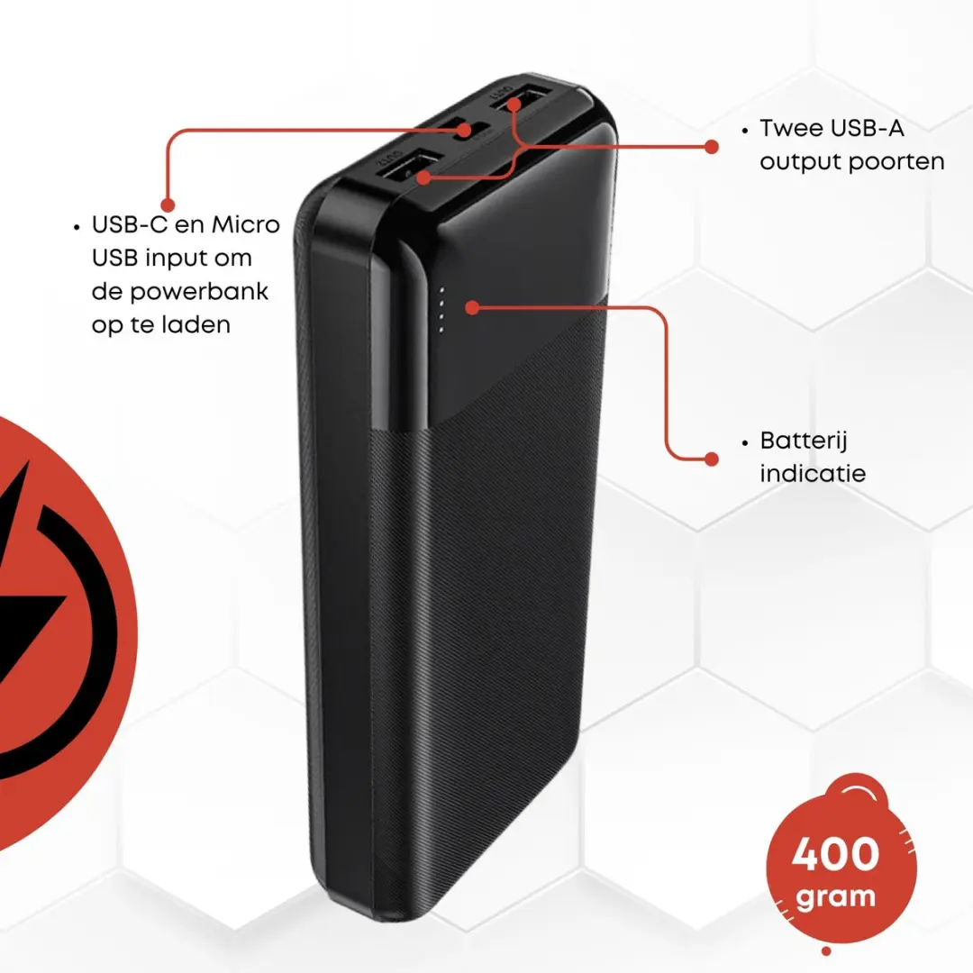 Hoco J72AB Powerbank 20.000mAh - 2x USB-A - Zwart