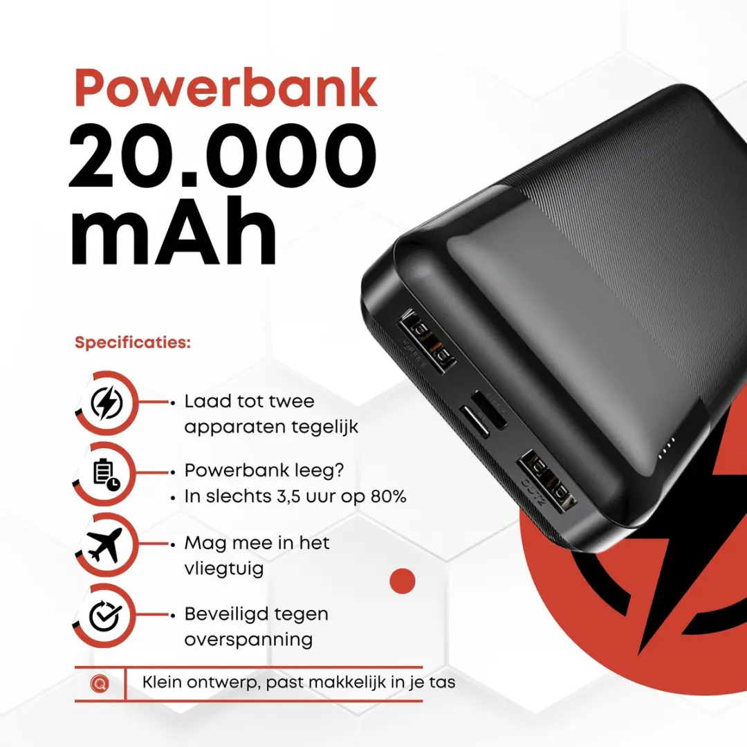 Hoco J72AB Powerbank 20.000mAh - 2x USB-A - Zwart