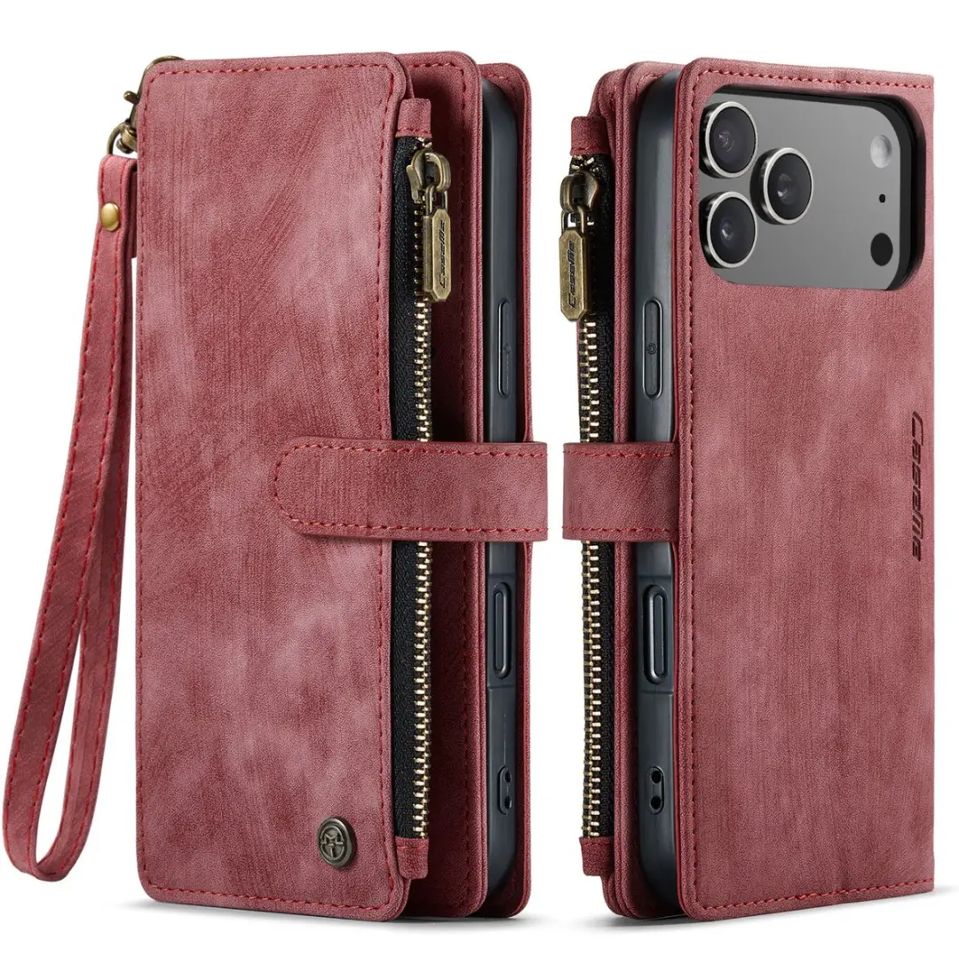 Caseme iPhone 17 Pro Max PU Hoesje Portemonnee - Rood - 10 Pasjes