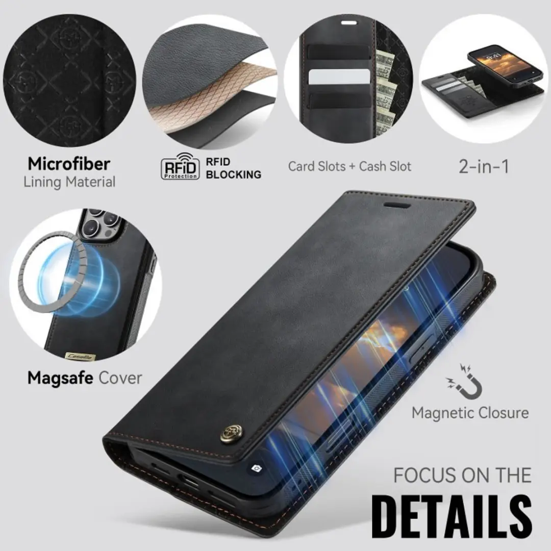 Caseme iPhone 16 Pro Portemonneehoes - MagSafe 3 Pasjes - Zwart
