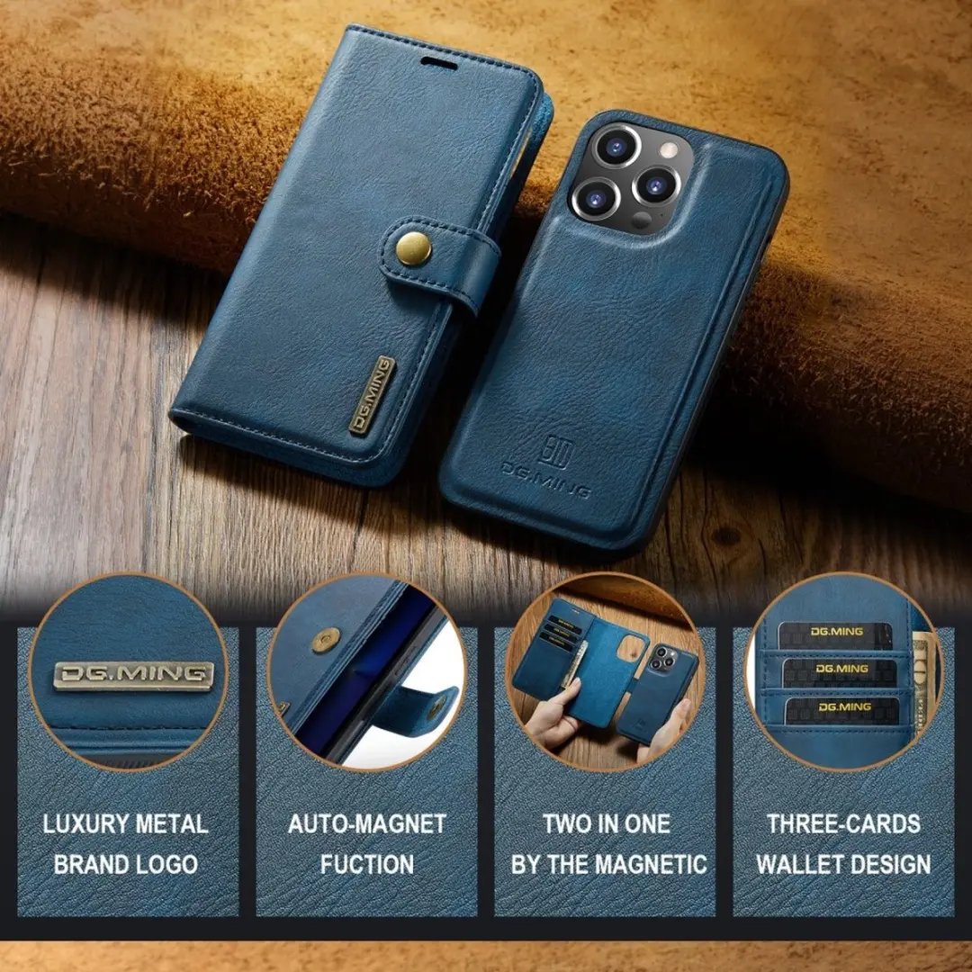 DG.MING iPhone 16 Pro Hoesje 2-in-1 Book Case Blauw - 3 Pasjes