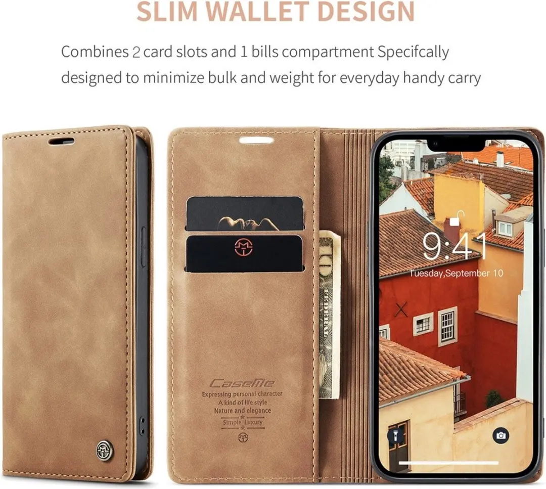 Caseme 013 Book Case iPhone 15 Hoesje - 2 Pasjes - Bruin