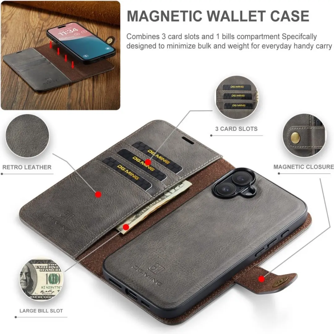 DG.MING iPhone 16 Plus Hoesje 2-in-1 Book Case Grijs