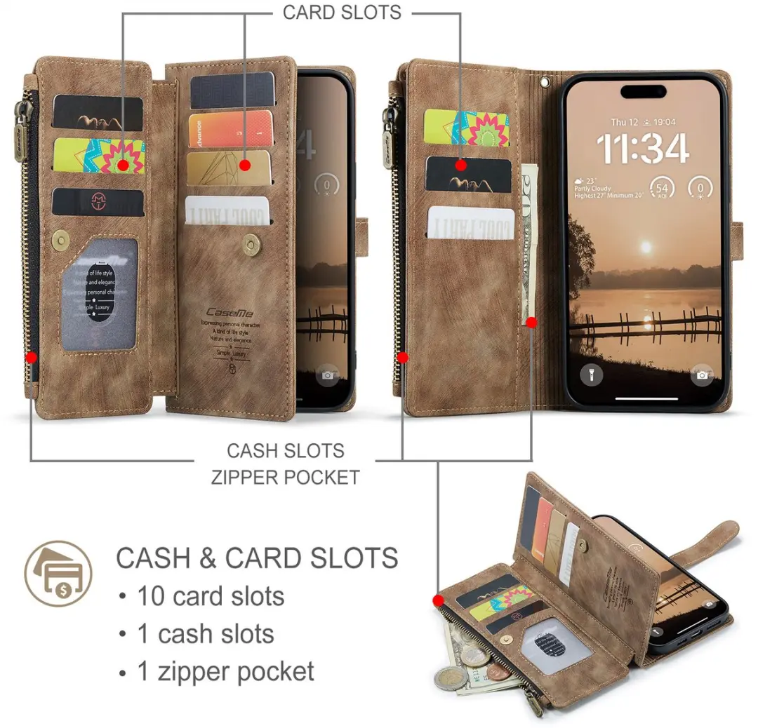 Caseme iPhone 17 Pro Max PU Hoesje Portemonnee - Bruin