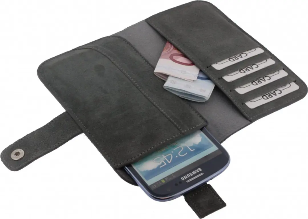 Senza Slide Serie Echt Leer Bookcase Hoesje - Grijs - 4 Pasjes - SEN-SWSCWG-XXL