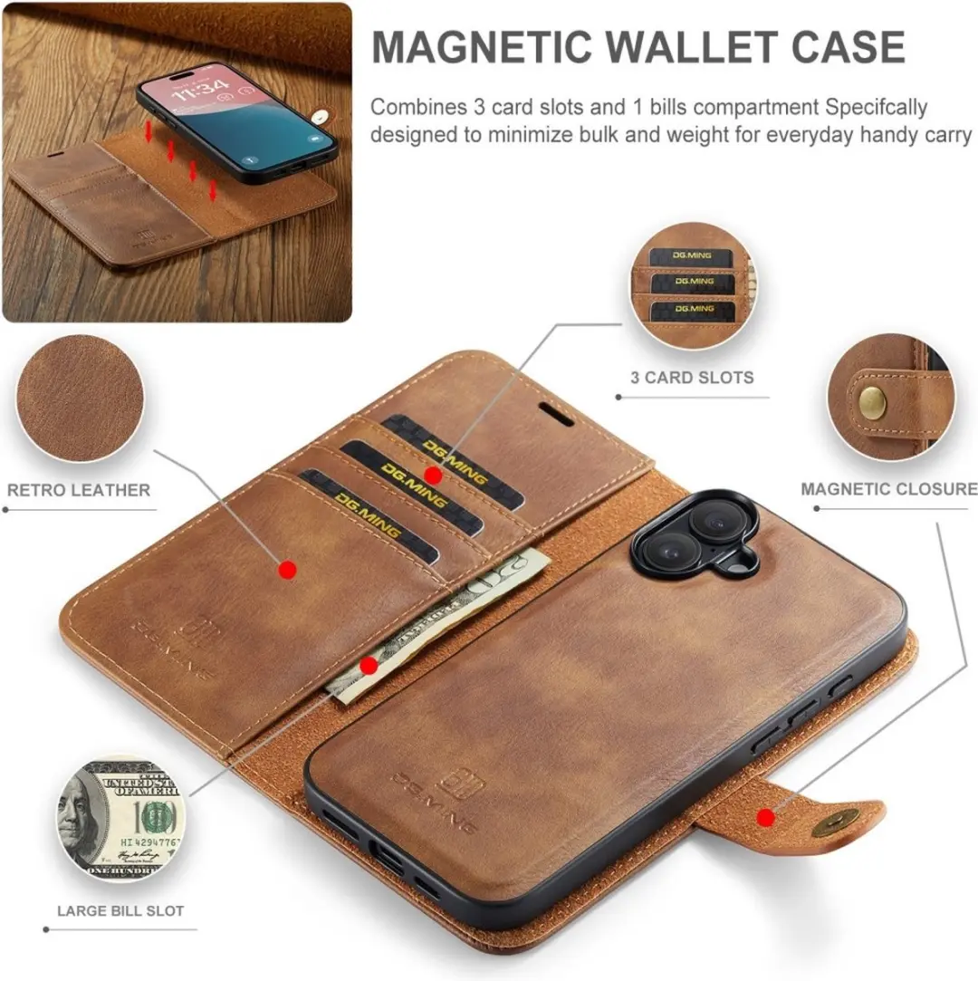 DG.MING iPhone 16 Plus Hoesje 2-in-1 Book Case - Bruin