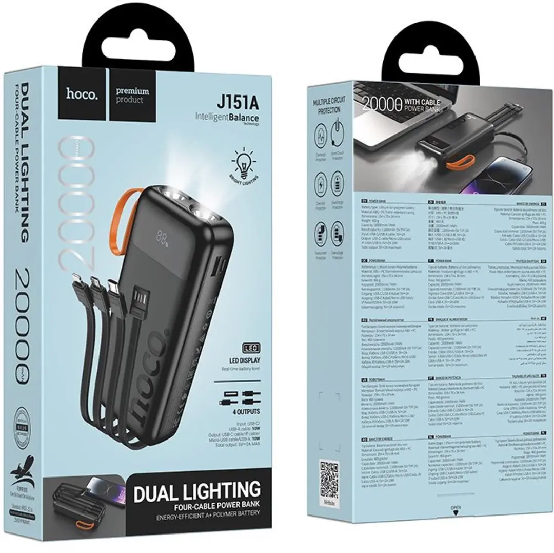 Hoco J151A Powerbank 20.000mAh - Zwart - 4x Opladen - afbeelding 6 van 6