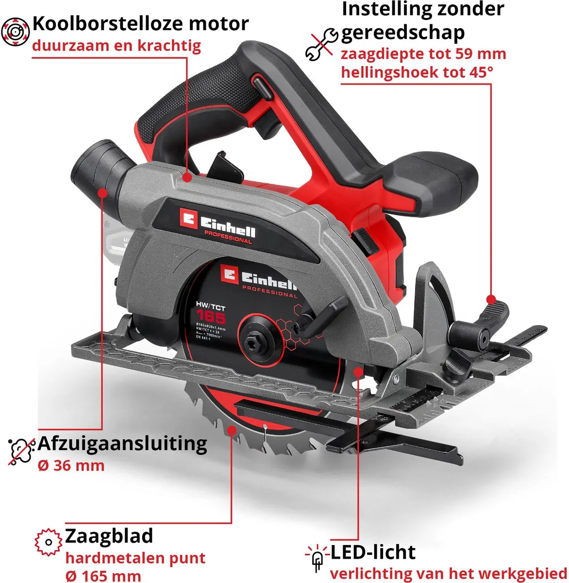 Einhell Professional Accu Cirkelzaag TP-CS 18/165 Li BL Solo - 18V - Ø165mm