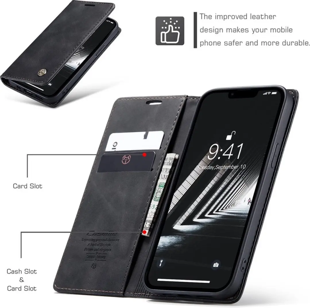 Caseme 013 Book Case iPhone 15 Hoesje - 2 Pasjes - Zwart