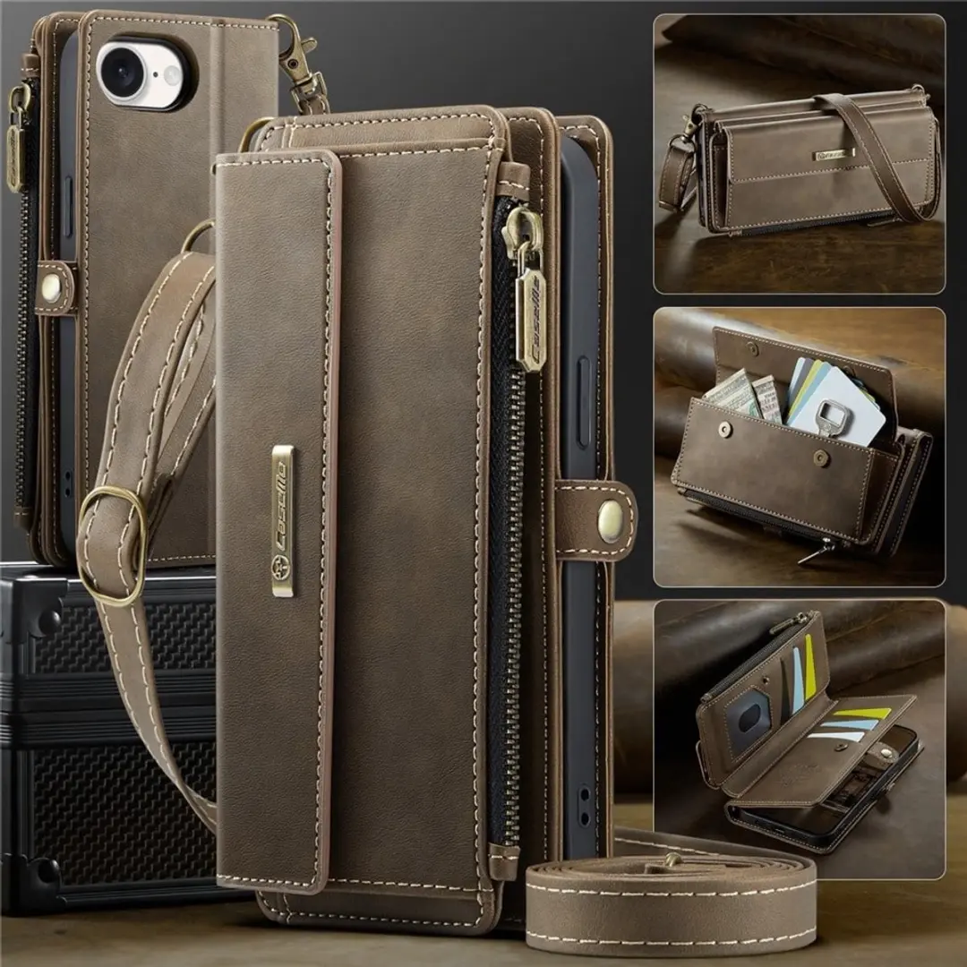 Caseme iPhone 16e Hoesje Portemonnee - 9 Pasjes - Bruin