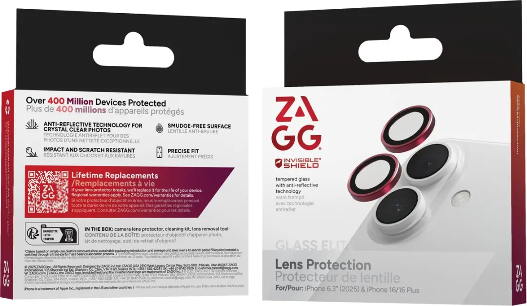 ZAGG Glass Elite Camera Rings iPhone 16/16 Plus/17 - Roze