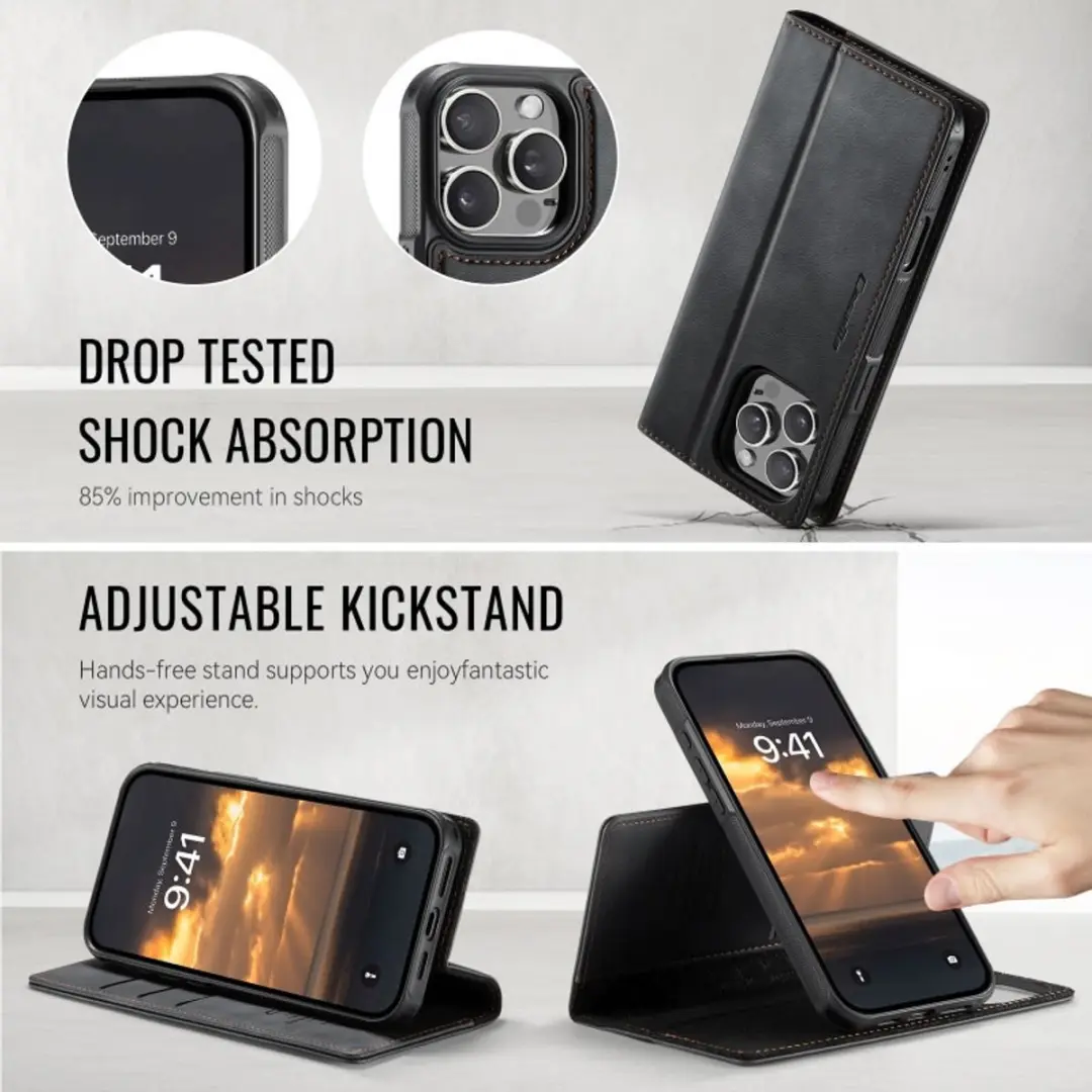 Caseme iPhone 16 Pro Max Portemonneehoes - MagSafe - 3 Pasjes - Zwart