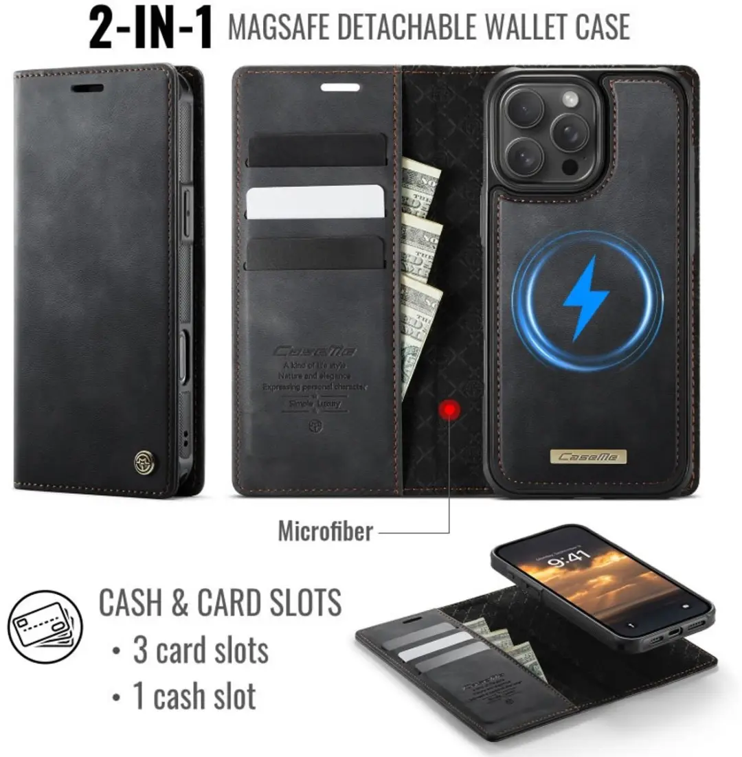 Caseme iPhone 16 Pro Max Portemonneehoes - MagSafe - 3 Pasjes - Zwart