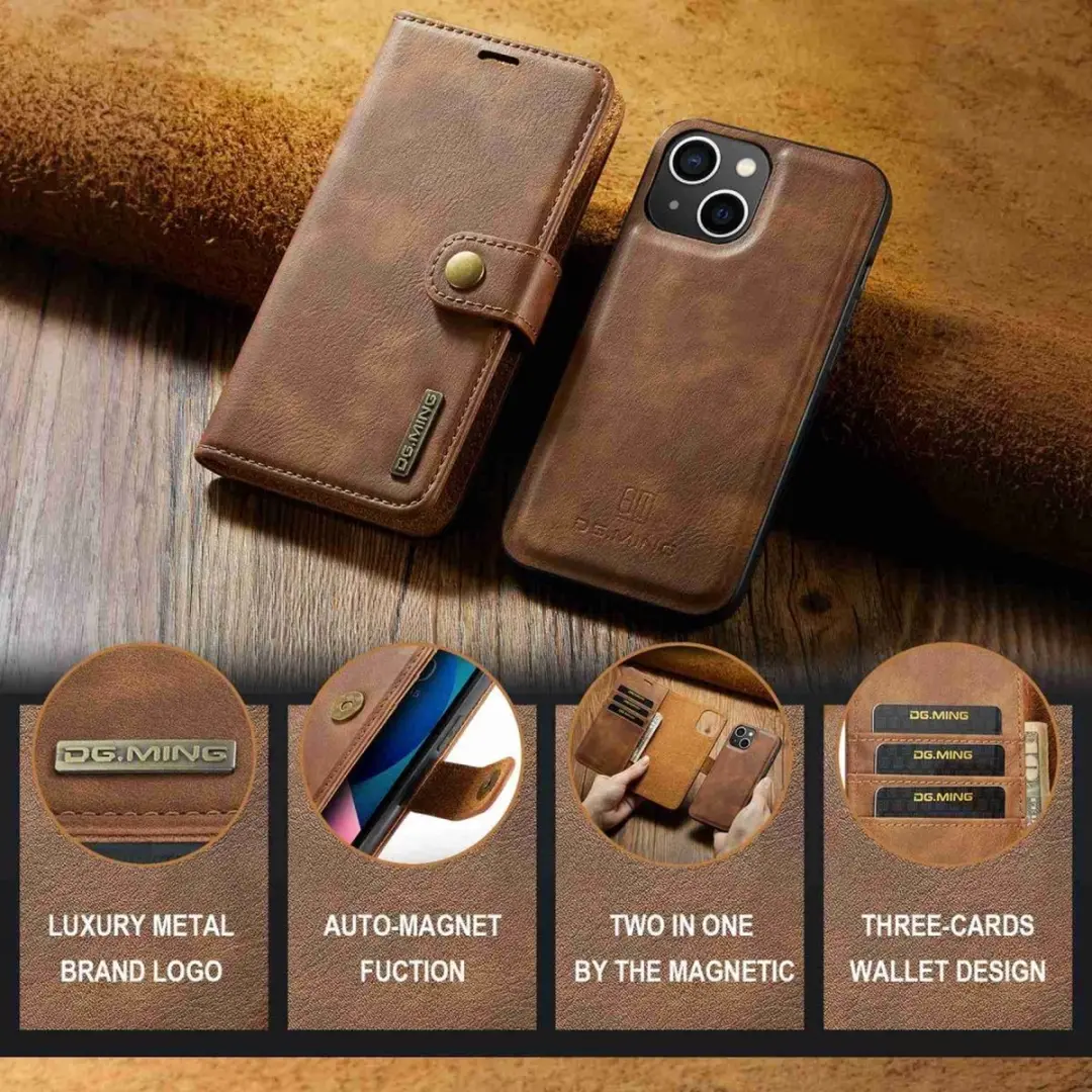 DG.MING iPhone 15 Hoesje 2-in-1 Book Case - Bruin
