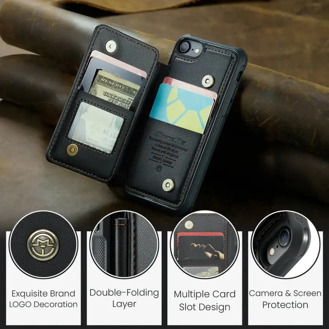 Caseme Luxe Portemonnee Backcover iPhone 7/8/SE - Anti-RFID - 4 Pasjes - Zwart