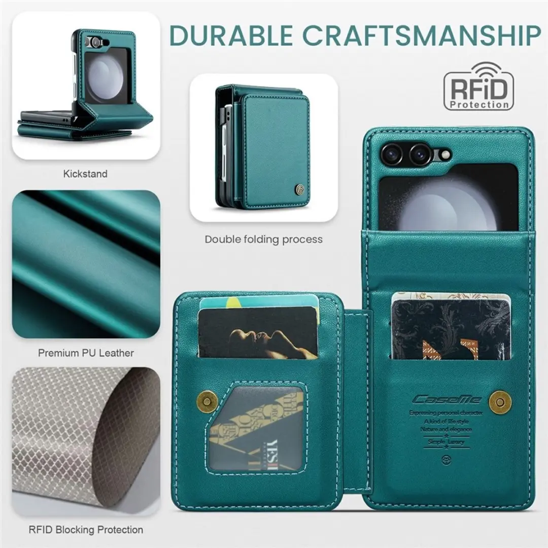 CaseMe Leren Backcover Samsung Galaxy Z Flip 7 FE - Turquoise - 5 Pasjes