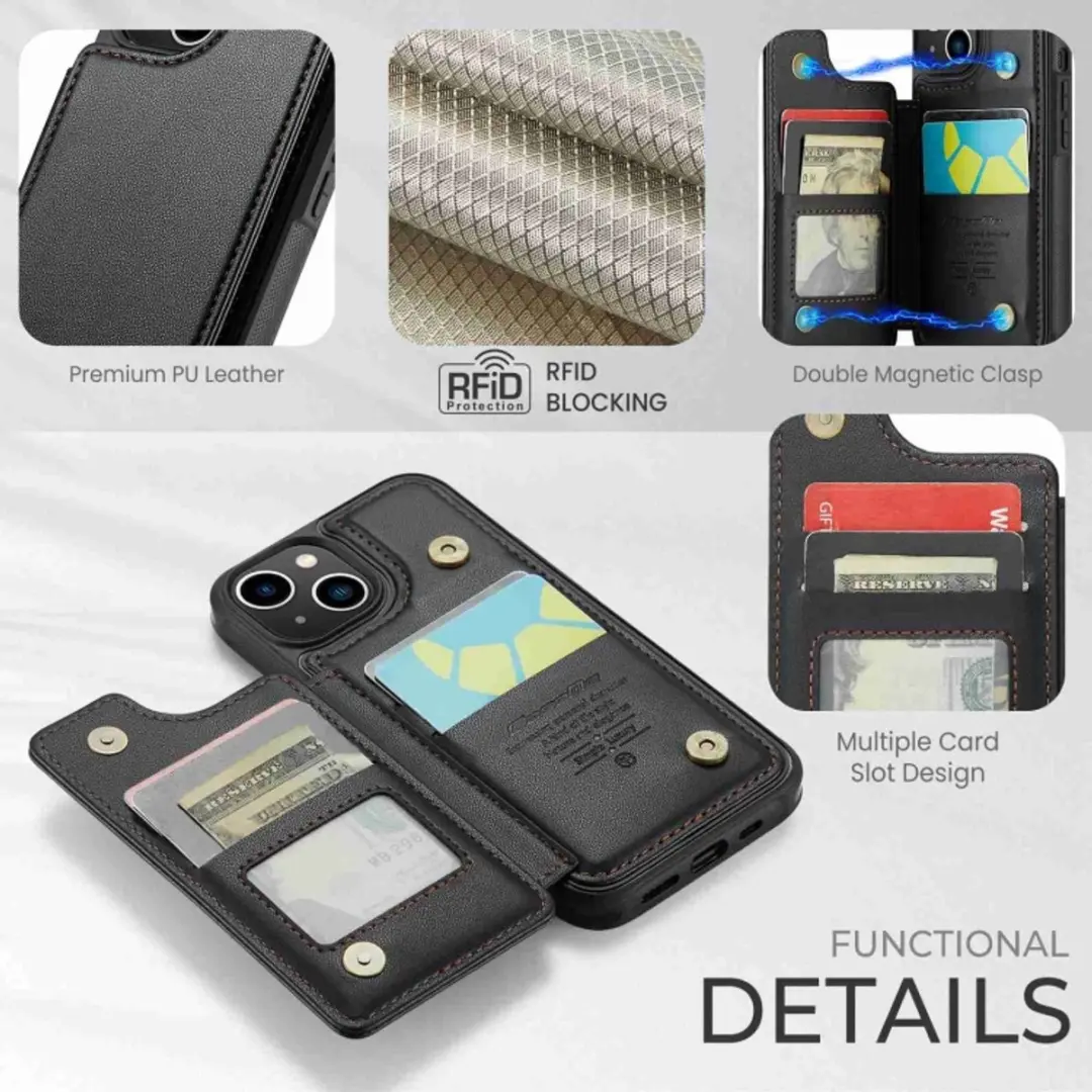 Caseme Portemonnee Backcover iPhone 15 - Anti-RFID - 4 Pasjes - Zwart - afbeelding 6 van 6